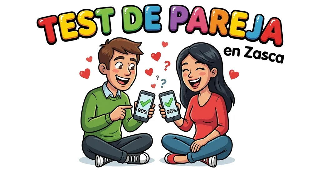 Pareja sentada en el suelo riendo mientras hace el test de pareja en el móvil, con corazones alrededor