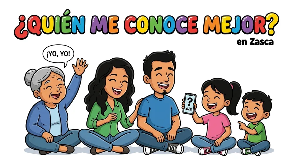 Familia con abuela, padres e hijos sentada en el suelo jugando al test ¿Quién me conoce mejor? con un móvil